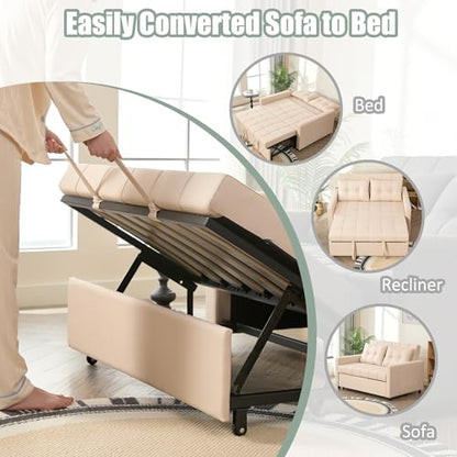 GOSUHI 52" 3-in-1 Convertible Sleeper Sofa Bed, Linen, Beige | Pull-Out Bed, Stepless Adjustable Backrest, Side Pocket, Compact Loveseat, Living Room, Dorm & Apartment - color: Beige