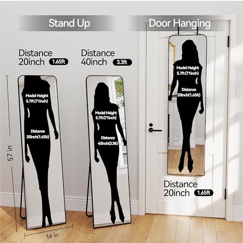 57x16" Full Length Mirror Floor Stand,Over the Door,Wall Mounted Black | HD Crystal Clear Tempered Glass,Aluminum Frame,Full Body Dressing Make-Up Mirrors Rect Hang for Bedroom,Bathroom,Living Room - color: Black, size: 57"L x 16"W