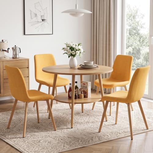 HIPIHOM 5-Piece Round Dining Table Set for 4 Oak Small Space Steel Legs | Natural Wood Tone, Double-tier Round Design Offers Storage, Stain and Spill Resistant MDF Top, Cross Braced Anti Wobble Legs - color: Oak Table+4 Yellow Chairs