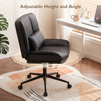 Armless Criss Cross Office Chair with Wheels,PU Leather Black | 5.5" Double Layers Thickened Seat Cushion and Backrest,Lumbar Pillow,Swivel Chair,Wide Comfortable Cross Legged,320LBS - color: Black
