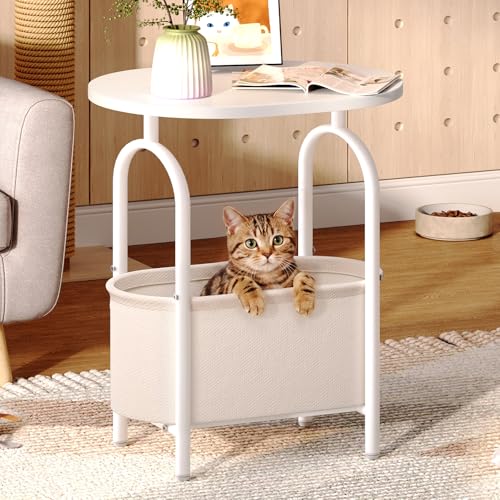Small Round Side Table with Fabric Basket Storage, Oval End Table for Small Spaces, Modern Coffee Bedside Table, Couch Side Table for Living Room, 15.7" X 11.8" X 24", White and Beige 8601BZWT - color: White and Beige