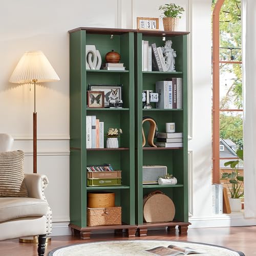 19.7" Wide Narrow Book Shelf, 5-tire Skinny Bookshelf with Adjustable Shelves & Solid Wood Legs, Farmhouse Freestanding Bookcase w/Storage, Tall Wood Book Case for Office,Living Room, Green - color: Green