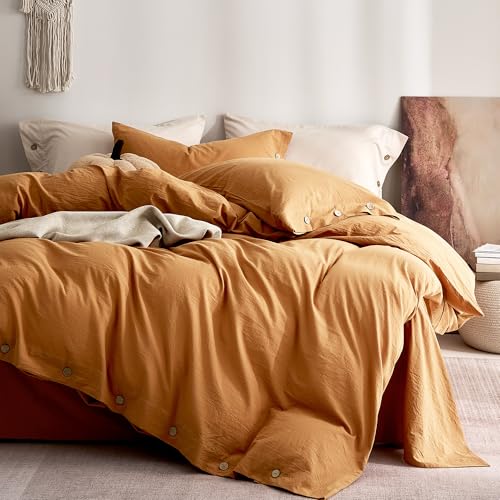 JELLYMONI 100% Washed Cotton Amber Orange Duvet Cover King, Linen-Like | OEKO-TEX Certified, Soft, Breathable Percale Bedding with Natural Wrinkle Texture, Button Closure, 3-Piece Set, 104"x90" - color: 01- Amber Orange, size: King(104"×90")