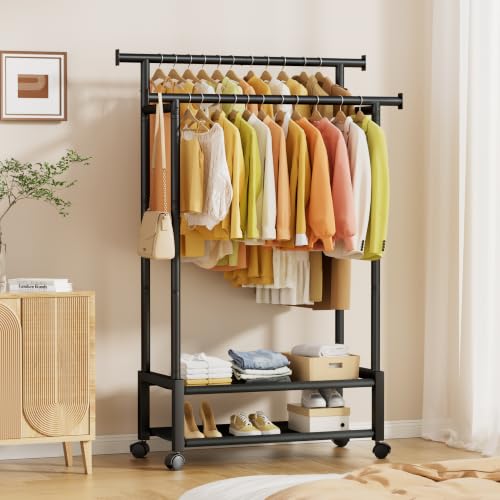 Double Rod Clothing Rack with 2 Shelves, Rolling, Black | All tools included, metal frame, 4 casters with 2 locking, for bedroom, laundry, and entryway - color: Black