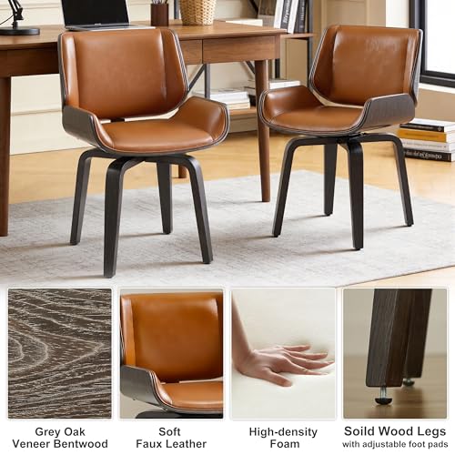 Mid Century Swivel Desk Chair No Wheels, Grey Oak Bentwood, Brown | Faux Leather, Solid Wood Legs, 360° Swivel, High-Density Foam, Adjustable Foot Pads, Home Office, Bedroom, Dining Room - color: Brown, size: Style A