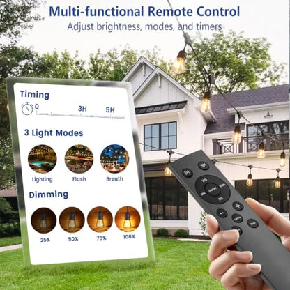 48FT Outdoor String Lights with Remote, Waterproof & Connectable | 2FT Spacing, Heavy Duty Commercial Grade, 18 AWG Cord, 24+2 Shatterproof Bulb, IP65, Timer & Dimmable, 2700K Warm White, Yard - size: 48FT (24 Sockets)
