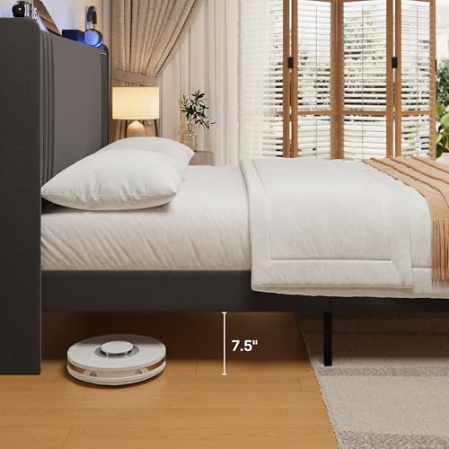 Gizoon Queen Bed Frame with Charging Station and LED Lights | Upholstered Wingback Platform Bed with Padded Headboard,Wooden Slats,Noise-Free,No Box Spring Needed, Easy Assembly,Dark Grey - color: Dark Grey+led, size: Queen