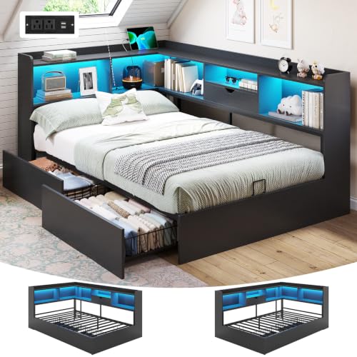 DICTAC Twin Corner Bed Frame with Storage Bookcase & Headboard, Wood Platform Bed Frame with 2 Underneath Drawers, LED Lights & Charging Station,Twin Size Daybed for Kids Teen with Metal Slats, Black - color: Black, size: Twin