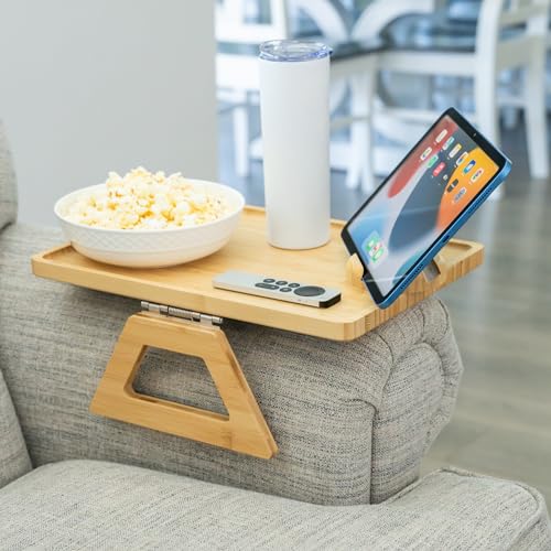 Bamboo Couch Arm Table with Device Holder, Clip On Tray. for TV Dinners, Remotes, Drinks, Snacks and Small Spaces (Rectangular with Device Holder, Beige, Regular 13.75 x 9.5) - color: Beige, size: Regular 13.75 x 9.5", style: Bamboo Rectangular with Devic