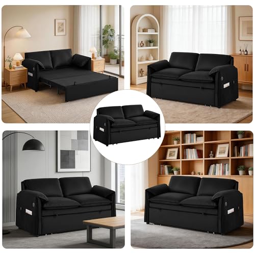 63" 3-in-1 Velvet Convertible Sleeper Sofa Bed, Modern Adjustable Backrest Loveseat Pull Out Couch with USB & Side Pocket, Small Space Love Seat Sofa Bed for Living Room, Bedroom, Black Velvet - color: Black