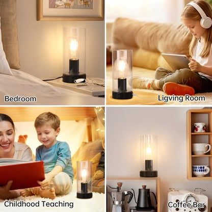 Shenmoyl Industrial Bedside Lamp with USB-A+C Charging Ports & AC Outlet, Small Touch Control Dimmable Table Lamp with Black Base Glass Shade for Bedroom, Nightstand, Dorm, Office, Desk - color: Black