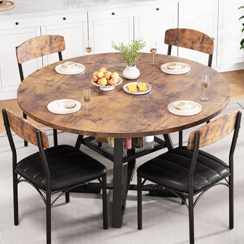 Round Dining Table Set for 4, Kitchen Table and Chairs for 4, Circle Table Round Pedestal Dining Room Dinner Dinette Table Set,5 Piece Space Saving Wood Kitchen & Dining Room Tables (Vintage, 42In) - color: Vintage