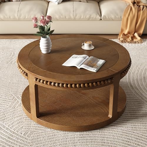 31.5" Round Wood Coffee Table, 2 Tier Modern Center Table,Solid Wood+MDF, Easy Assembly, Accent Table for Living Room, Apartment, Small Space. (Walnut) - color: Walnut-m