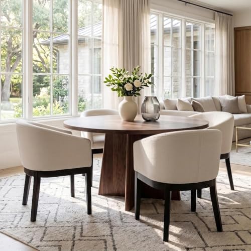 HNY Barrel Dining Chairs Set of 4, Mid Century Modern Upholstered Dining Chairs with Arms, Linen Kitchen & Dining Room Chairs, Solid Wood Frame Accent Chairs for Kitchen, Apartment, Cream - color: Cream,black Lges, size: 4 Chairs