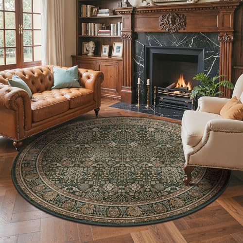 8ft Round Area Rug 8x8, Washable Non Slip, Dark Green Brown | Vintage Floral, Spill Resistant, Lightweight Low Pile Non-Shedding Carpet for Bedroom, Nursery and Dining Room - color: Dark Green Brown, size: 8' (Round)