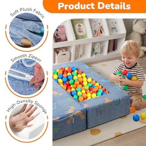 MeMoreCool Glow Modular Kids Couch, Dinosaur | modular foam seating, removable washable cover, dinosaur glow design, lightweight pieces, playroom furniture - color: Denim Dinosaur