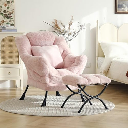 Lazy Chair with Ottoman, Plush Reading Chair with Pillow，Pink | Removable machine-washable cover; includes an extra throw pillow; cozy accent chair for living room, bedroom, dorm or office - color: Plush Cotton Candy Pink