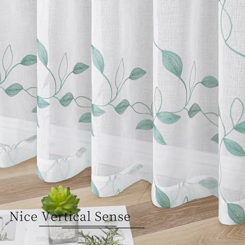Tollpiz Teal Blue Leaf Sheer Tier Curtain Kitchen 30 x 36 Inches | Leaves Embroidered Curtains Rod Pocket Voile Bathroom Window Treatment for Cafe, Set of 2 Panels - color: Teal Blue, size: 30"W x 36"L (Pack of 2)