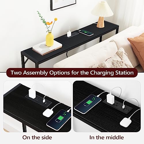 MAHANCRIS 43.7" Console Table with Outlet, Narrow Sofa Table with Shelf | 2 Tier Behind Couch Table, Charging Station, Steel Frame, for Entryway, Living Room, Foyer, Hallway, ofice, Black CTHB11E01N1 - color: Black