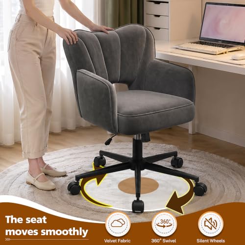 DurayLoly Desk Chair with Shell Back & 360° Swivel Wheels | Comfy Velet Vanity Chair,Adjustable Height,Stylish and Comfortable for Makeup, Work & Relaxation,Dark Grey - color: Dark Grey