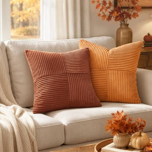 MIULEE Fall Rust Boho Decorative Throw Pillow Covers for Couch 16x16 Inch | 2 Pack, Boho Farmhouse Pillow Covers, Soft Cross Corduroy Patchwork Textured Cushion Cases For Bed Sofa - color: Rust, size: 16" x 16" (Pack of 2)