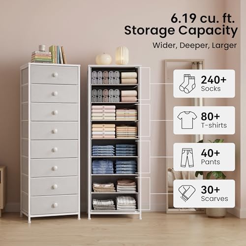Fabric Dresser for Bedroom, 8 Drawer Tall Vertical Skinny Tower (White) | Wooden Top, Steel Frame, Easy Pull Bin,Organizer Unit for Living Room, Hallway, Entryway, Nursery, Closets - color: White, style: Narrow-8 Drawers