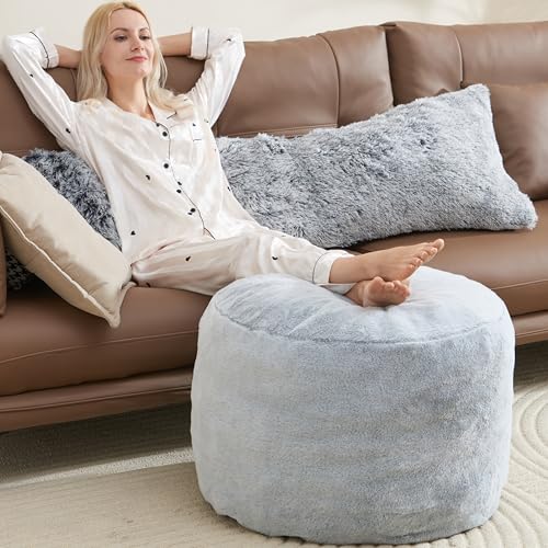 WSOFRLAC Boho Ottoman Living Room Furniture 26"x18", Large Round Ottomans Pouf Couch Foot Rest Grey Pouf Ottoman Foot Rest with Foam Chunk Filling Pouffe Ottomans Stuffed Foot Rest Poufs for Couch - color: Light Grey, size: 26"D x 26"W x 18"H