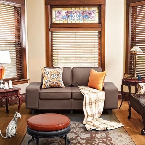 71" Small Loveseat Couch, 2 Seater Leathaire Sofa with 4 Side Pockets, Removable and Washable Cushions, Living Room，Apartment, Office (Coffee) - color: Coffee Leathaire, size: 71 "