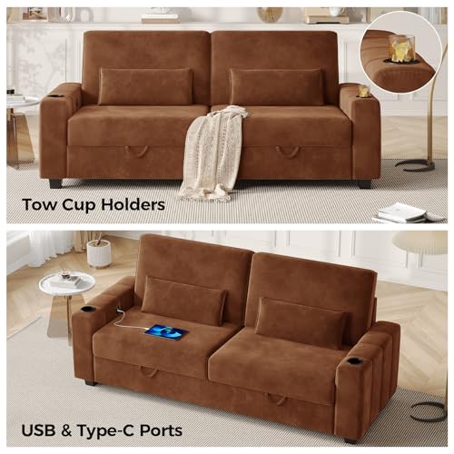 COPIAE Loveseat Sofa, Larger Couch Velvet Fabric with Storage, Charging Ports, Heightened Backrests, Removable Cover Modern Comfy Couches Easy Assembly for Living Room, 88 Inch Brown - color: Brown