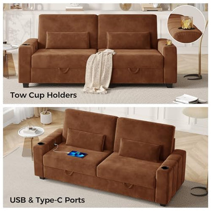 COPIAE Loveseat Sofa, Larger Couch Velvet Fabric with Storage, Charging Ports, Heightened Backrests, Removable Cover Modern Comfy Couches Easy Assembly for Living Room, 88 Inch Brown - color: Brown