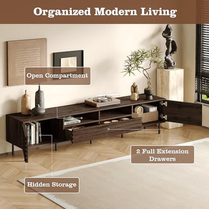 78 inch Modern TV Stand for 85 inch TV, Large Wood Entertainment Center with Slatted Doors and Cable Management, Industrial Media Console with Soft-Closing Hinges for Living Room, Dark Brown Walnut - color: Dark Brown-f