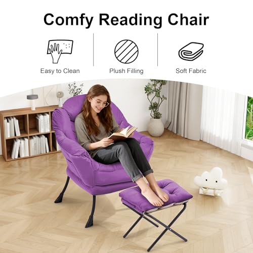 Lazy Chair with Ottoman Comfy Accent Lounge Chair with Side Pocket Cozy Chair Modern Reading Armchair with Footrest Upholstered Sofa Chair for Small Spaces Living Room Dorm Bedroom Purple - color: Purple