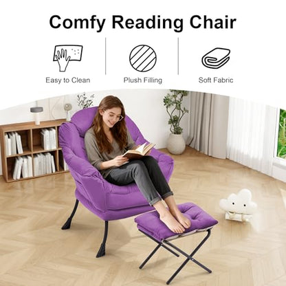 Lazy Chair with Ottoman Comfy Accent Lounge Chair with Side Pocket Cozy Chair Modern Reading Armchair with Footrest Upholstered Sofa Chair for Small Spaces Living Room Dorm Bedroom Purple - color: Purple
