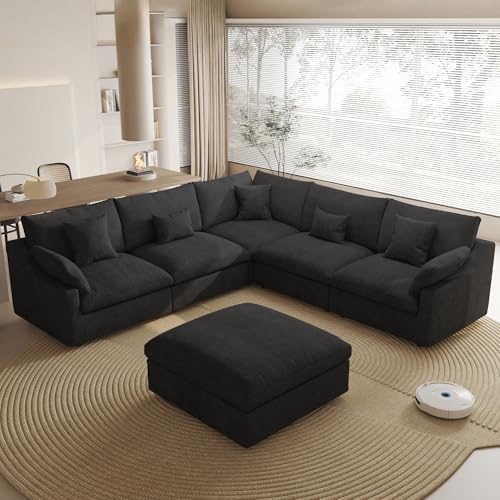 Modular Sectional Sofa Couch, 119.29" V Shaped Modular Couch with Storage Ottoman, Down Filled Convertible Sofa for Living Room, 6 Seat Wide Couches,Cushion Covers Removable,Black - color: Black, size: 6 Seater