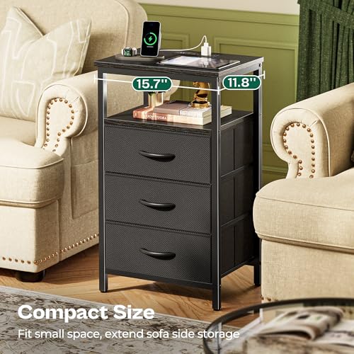 Huuger Night Stand with Charger Station and LED Lights, 3 Drawer Nightstand | Bed Side Table with Open ShelfEnd TableTall Fabric Dresser for Bedroom, Black - color: Black, size: 11.8"D x 15.7"W x 27.6"H（3 Drawers）