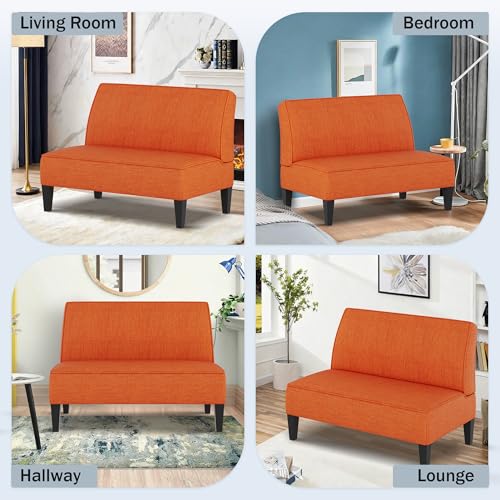 Small Loveseat, Orange Mini Sofa Couch Accent Upholstered Bench with Back Living Room Bedroom Office Armless Love Seat Settee - color: Orange