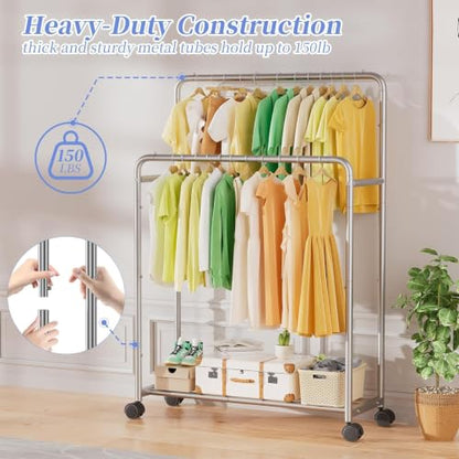 Simple Trending Clothing Clothes Rack, Double Rod Garment Rack, Silver | Portable Closet with Bottom Shelf, Anti-Slip Stoppers, 360° Lockable Wheels, Multiple Uses, Bedroom, Laundry Room - color: Sliver
