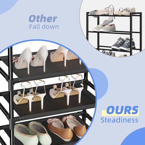 Simple Trending 10 Tiers Tall Shoe Rack for Closet, Black | Narrow Shoe Shelf, Holds 20 Pairs, Shoe Organizer Storage, With Hooks - size: 10 Tiers Narrow, Black