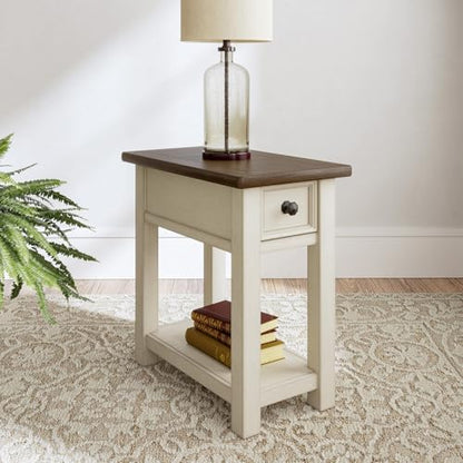 Signature Design by Ashley Bolanburg Narrow End Table, Charging Station | Slim 14-inch profile with USB charging, Wood, White oak veneers and engineered wood, Farmhouse style for small living rooms - color: Dark Brown & White