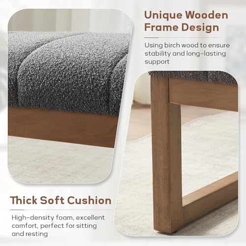 Zihanhome 52.7" Bedroom Bench for End of Bed, Modern Upholstered Teddy Fabric Entryway Bench & Dining Bench, Footrest Stool Bench with Solid Wood Frame for Bedroom, Living Room (Grey) - color: Grey