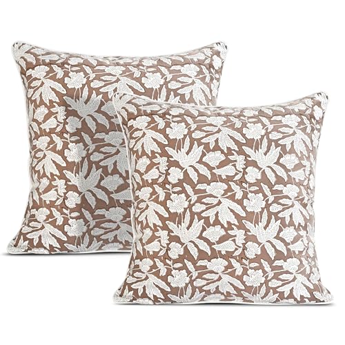 Oak Brown Block Print Cotton Piping Throw Pillow Covers 16x16 Set of 2 Decorative Couch Pillows for Living Room, Chic Boho Cute Outdoor Pillows Covers Gifts for Christmas, Thanksgiving - color: Oak Brown, size: 16" x 16" (Pack of 2)