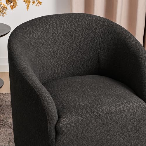 KINWELL 32" Wide Modern Boucle Swivel Barrel Chair, No Assembly Round Upholstered Swivel Accent Armchair for Living Room, Bedroom, Office (Black) - color: Black, style: Set of 1