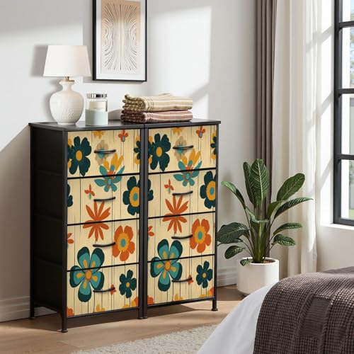 Dresser for Bedroom Dresser for Closet Geometric 1960s Floral Art Teal Orange Mustard Dressers & Chests of Drawers Fabric Closet Organizers and Storage with 4 Drawers
