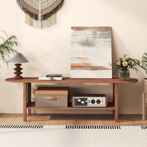 HollyHOME Bamboo TV Stand with Storage for TVs up to 65", Modern Entertainment Center with Rattan Side, Accent TV Table with 2 Shelf, Media Console TV Stand for Living Room, Bedroom, Walnut - color: Walnut Rattan Side
