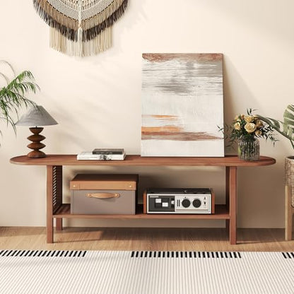 HollyHOME Bamboo TV Stand with Storage for TVs up to 65", Modern Entertainment Center with Rattan Side, Accent TV Table with 2 Shelf, Media Console TV Stand for Living Room, Bedroom, Walnut - color: Walnut Rattan Side