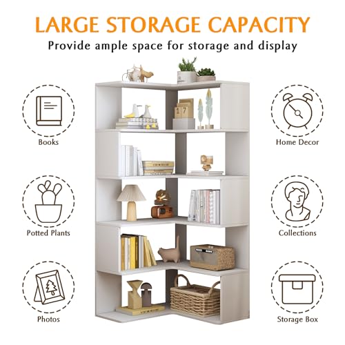 IOTXY 6-Tier L-Shaped Corner Bookshelf - 66" Tall Wooden Freestanding Bookcase with Open Shelf Units, White - color: White