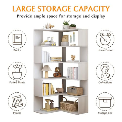 IOTXY 6-Tier L-Shaped Corner Bookshelf - 66" Tall Wooden Freestanding Bookcase with Open Shelf Units, White - color: White