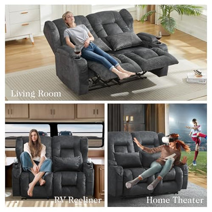 Loveseat Recliner Sofa,RV Wall Hugger Recliners for Small Spaces,Reclining Loveseat Sofa Recliner with Cup Holders/Lumbar Pillows,RV Furniture (Gray,56" 2-Seater) - color: Grey, size: 56" 2-Seater