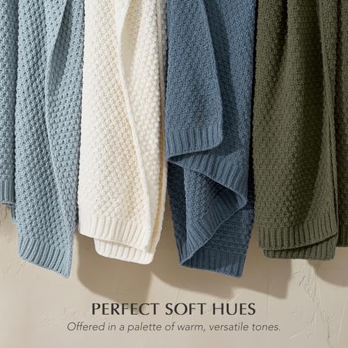 EVERGRACEHOME Chunky Chenille Knit Throw Blanket, 60 x 80, Chambray Blue | Sculpted Moss Stitch, Chic Modern Farmhouse, All-Season Warmth, OEKO-TEX® Certified, Elegant Blanket for Couch, Bed, Sofa - color: Chambray Blue, size: 60" X 80"