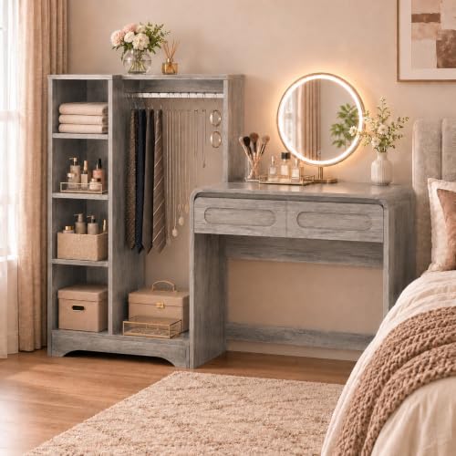 Vanity Desk, Makeup Vanity Desk with Drawers and Hanging Rack | 4 Tier Shelves, Modern Makeup Vanity Table with Curved Profile Design, Makeup Dressing Desk for Bedroom, Grey - color: Grey, size: 15.7"D x 70"W x 47"H